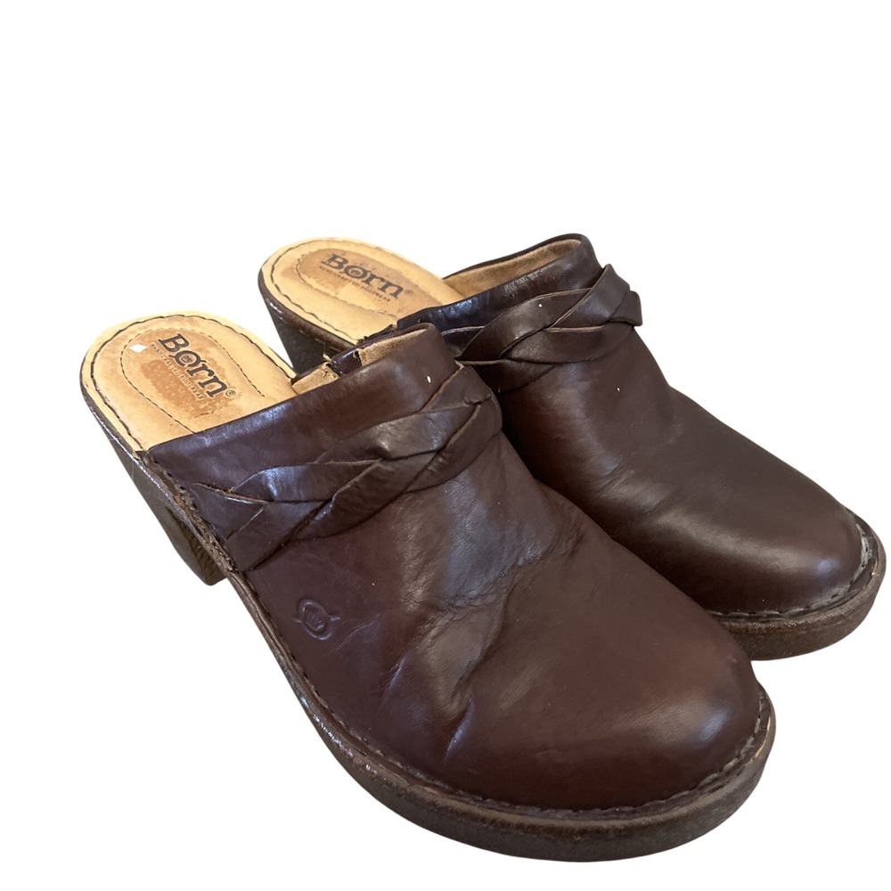 Born Clogs Womens 9 Brown Leather F58306 Braided Mules Chunky Block Heel Boho